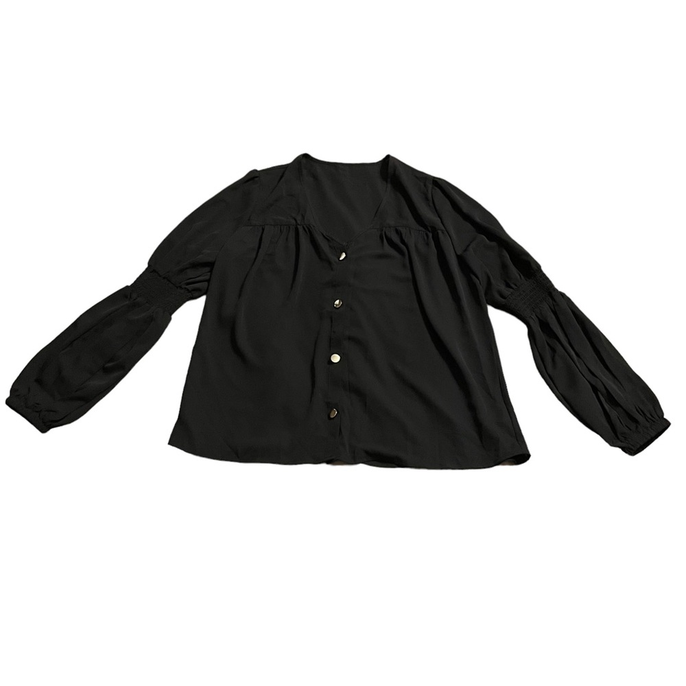 Womens’ Black Button Down V-Neck Lightweight Blouse | Size: XL